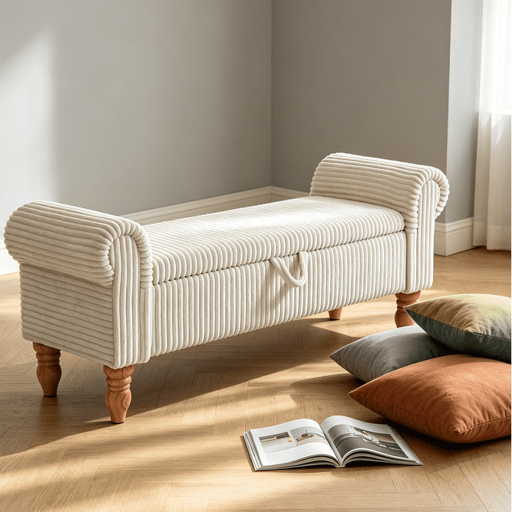 Corduroy Storage Ottoman Bench with Lid, Upholstered End-of-Bed Footrest, White
