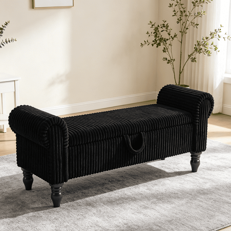 Corduroy Storage Ottoman Bench with Lid, Upholstered End-of-Bed Footrest, Black