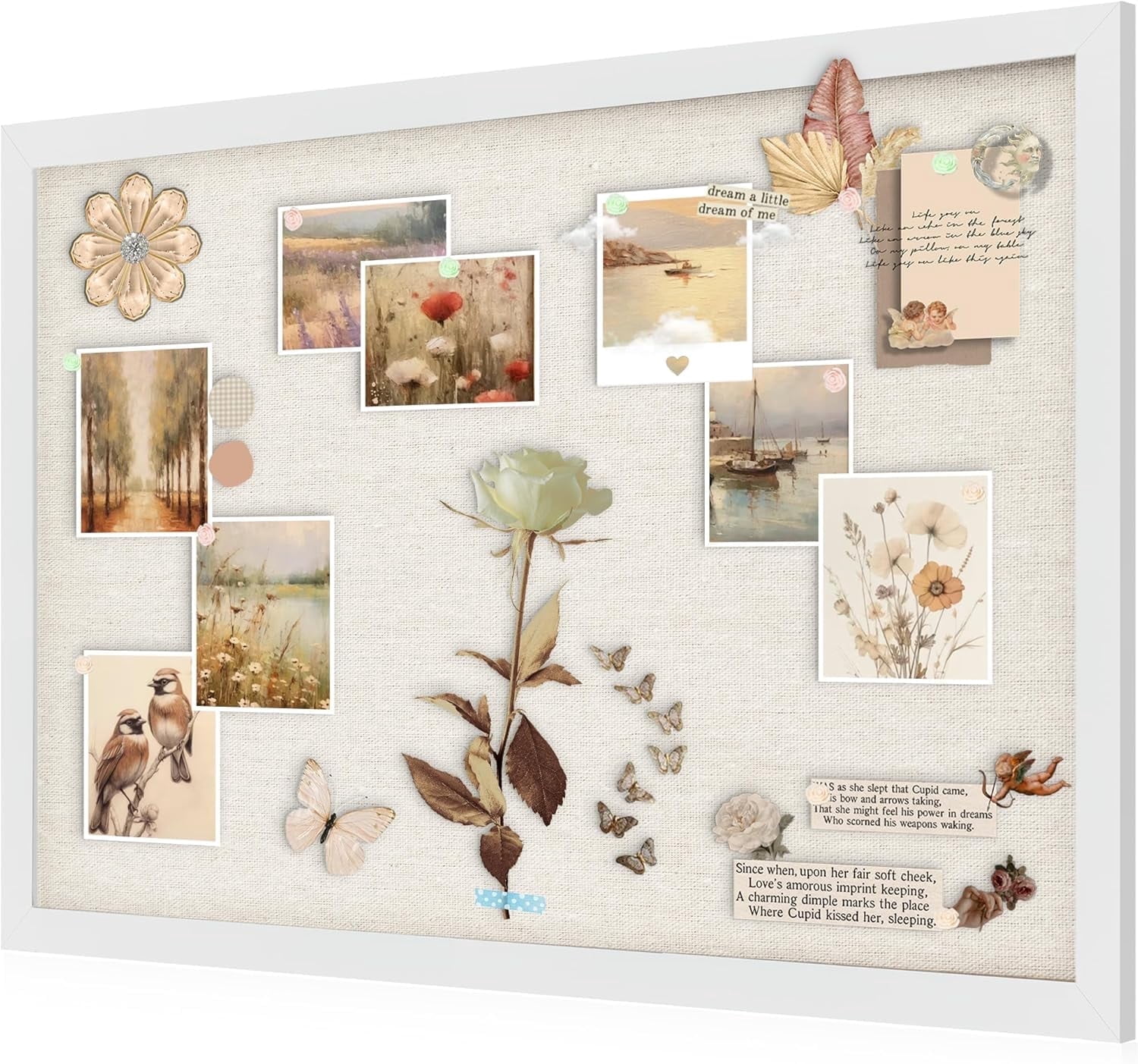 White Cork Board Bulletin Board with Linen, Wood Framed 30" x 20" Corkboard, Office Board for Wall Decor, Wall Mounted Pin Board Picture Board with 20 Pushpins for School, Home & Office