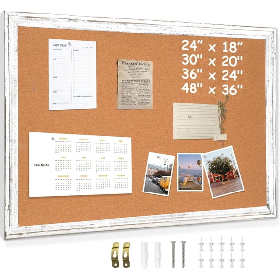 White Cork Board for Wall - 24 X 18 Inches, Rustic Wooden Frame Bulletin Board, Decorative Hanging Pin Board for Office & Home Decor