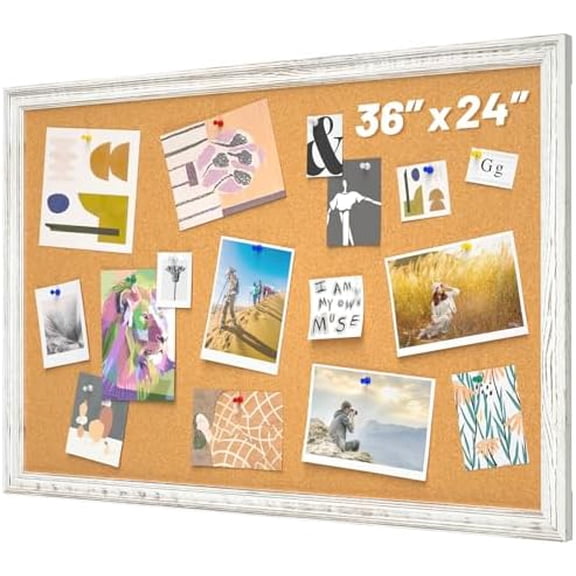 White Cork Board for Wall, 36 x 24 inches Decorative Bulletin Board, Rustic Wooden Frame Pin Board for Office, Dorm, Home Decor$$Office
