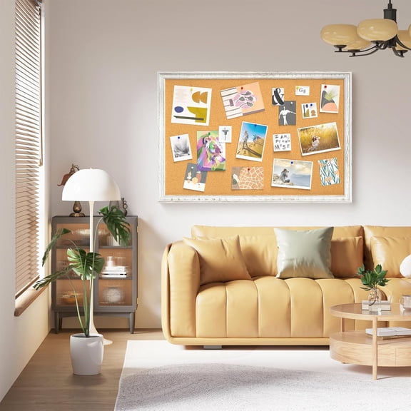 White Cork Board for Wall, 36 x 24 inches Decorative Bulletin Board, Rustic Wooden Frame Pin Board for Office, Dorm, Home Decor