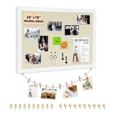 White Cork Bulletin Board with Linen 18" x 24", Hanging Wood Framed Corkboard for Wall, Double-Sided Large Hanging Pin Board Picture Board for Home Office Decor, Cute Vision Board, 20 Pushpins,1Pack