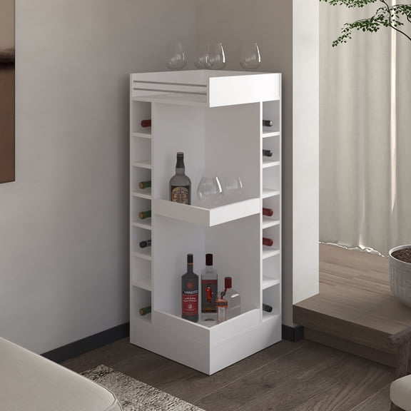 White Corner Bar Cabinet With Wine Rack And Open Display Shelf - Scratch-, Modern Small Space Piece For Primary Living