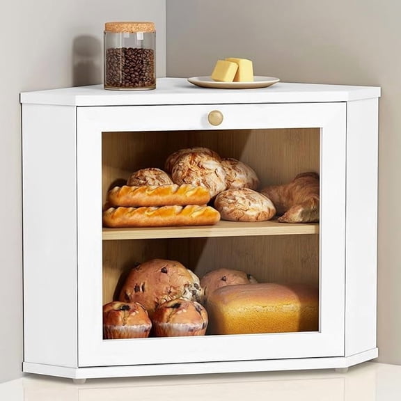 White Corner Bread Box for Kitchen Countertop, 2 Tier Breadbox for Sourdough Loaf, Modern Bread Storage Container for Island Counter Top Organizer, Cabinet Cupboard Pantry Shelf (Bamboo Wood)