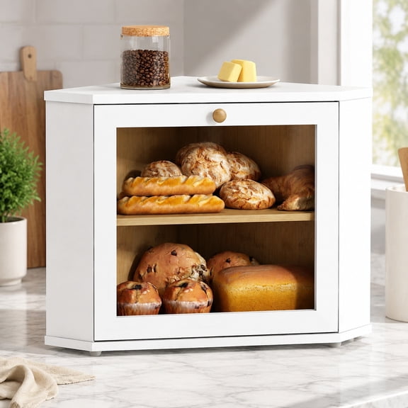 White Corner Bread Box for Kitchen Countertop, 2-Tier Bamboo Wood Bread Storage Container, Modern Organizer for Island, Cabinet, Pantry Shelf