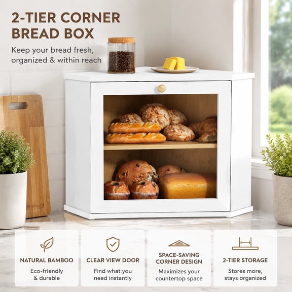 White Corner Bread Box for Kitchen Countertop, 2 Tier Modern Bread Storage Container, Bamboo Wood Organizer for Pantry, Cabinet, and Island Shelf