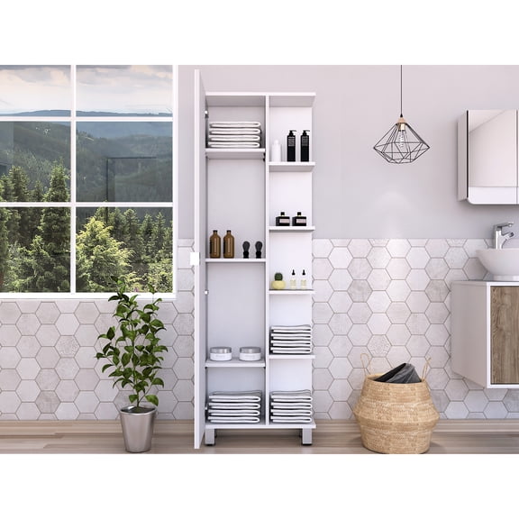 White Corner Cabinet With 10.1"h Fourth Interior Shelf And Function , Five Open Shelves Closed Door