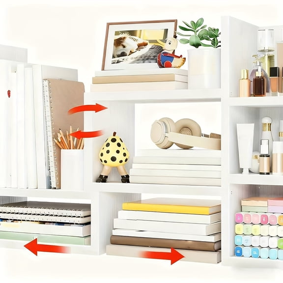White Corner Desk Organizer Shelf with Multi-Tiered Shelves & Open Storage - Space-Saving Compact Bookshelf Hutch for Home Office Organization, Small Tabletop Shelving Unit with Decorative Top Shelf,