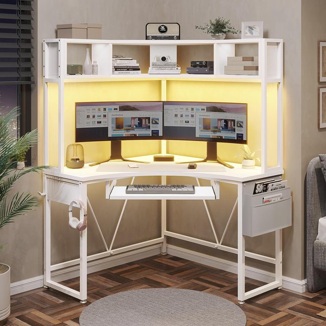 White Corner Desk with Storage Hutch for Small Space, Computer Desk