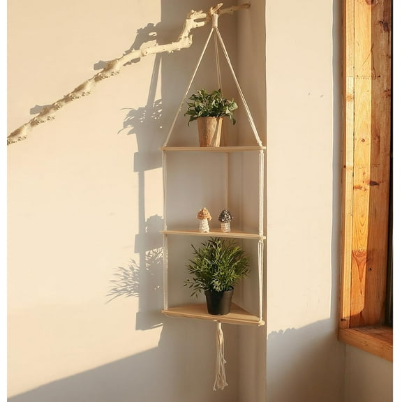 White Corner Floating Shelves Wall Hanging- Macrame 3 Tier Corner Shelf Plant Wall Decor Boho Rustic Wooden Storage Orgnizer for Bedroom Living Room Pots Photos