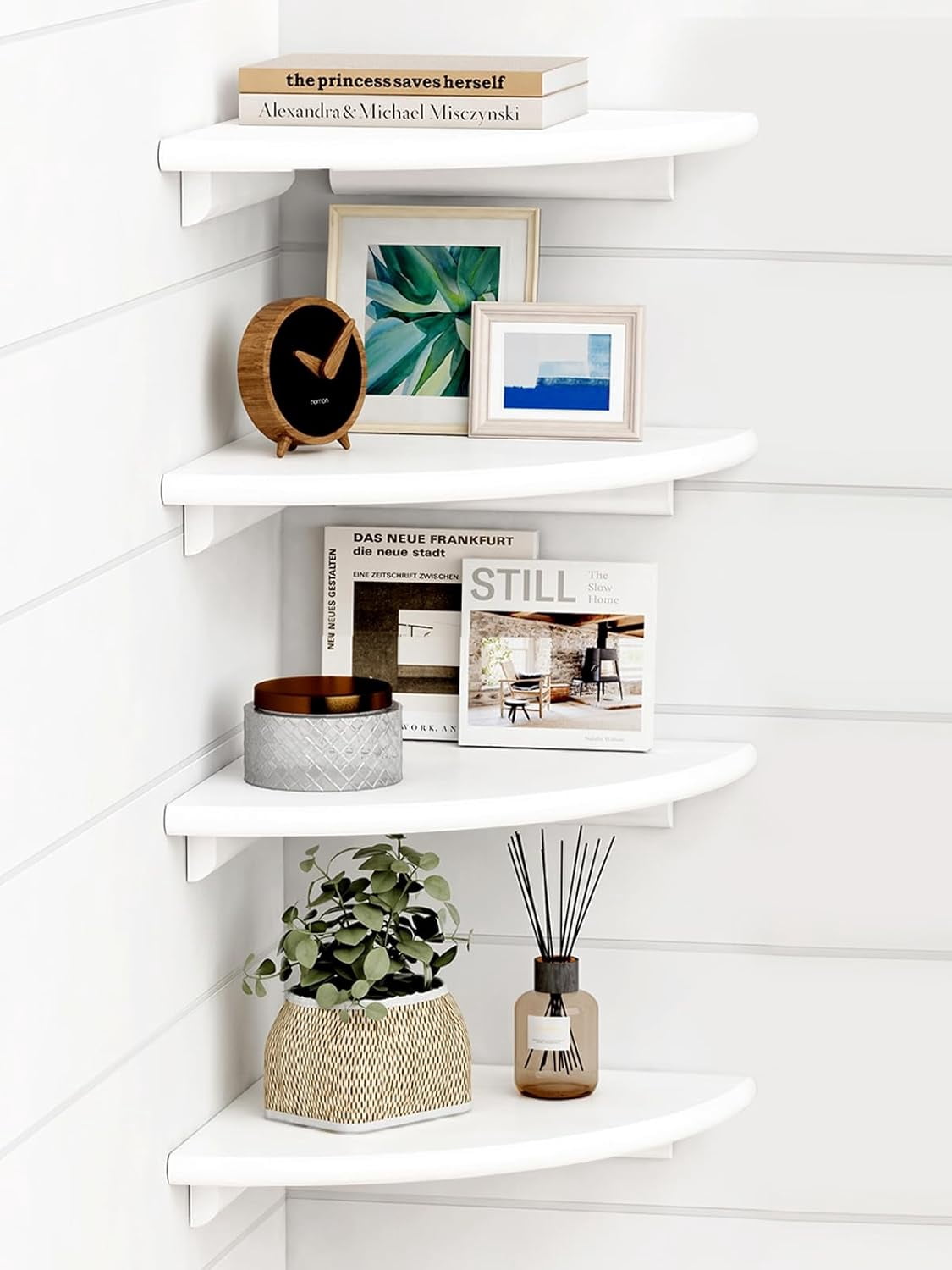 White Corner Floating Shelves for Wall Set of 4, Rounded Corner Shelves Wall Mounted for Kids Bedroom Books, Cute Wood Hanging Corner Shelf for Bathroom Decor, Living Room, Small Spaces