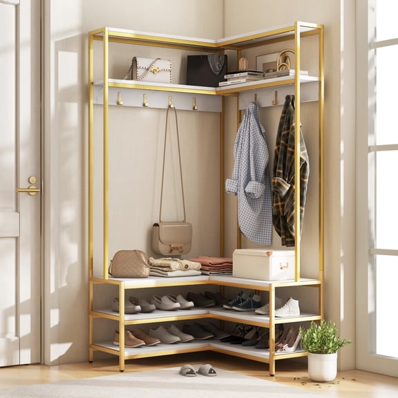 White Corner Hall Tree With 7 Hooks, Shoe Shelves & Coat Rack, Metal Frame