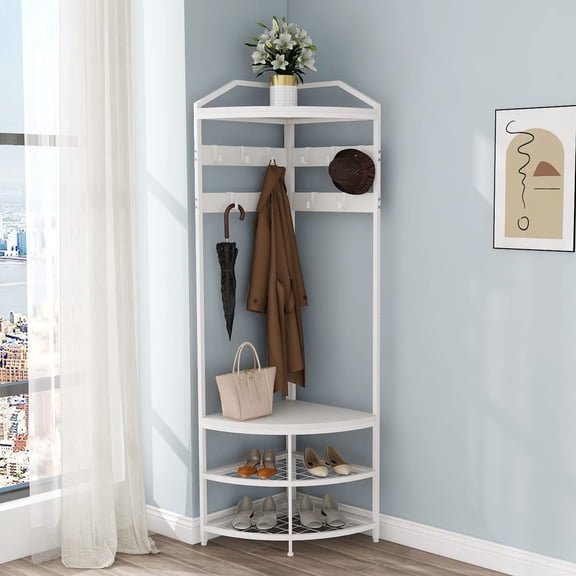 White Corner Hall Tree with Shoe Shelf, 10 Hooks & Top Display Shelf