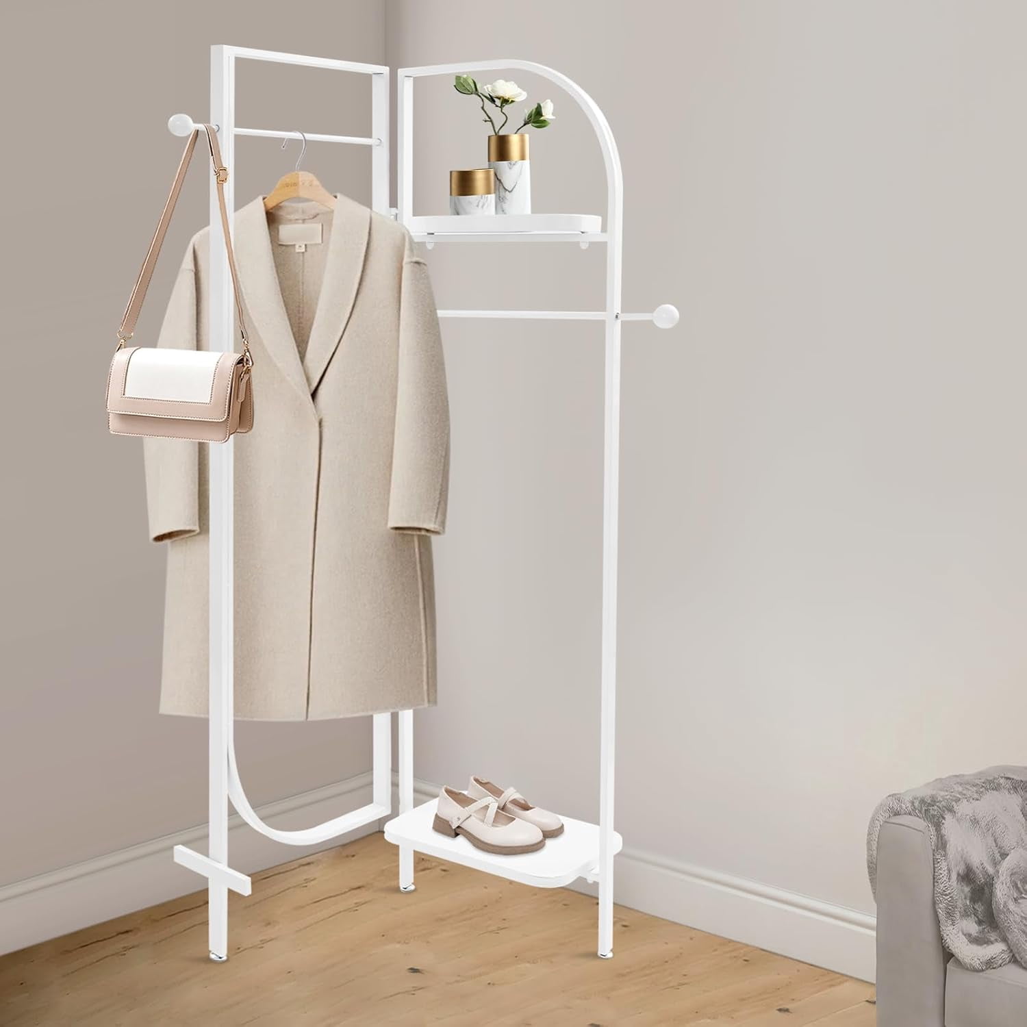 White Corner Iron Coat Rack with 2x Racks 2x Shelves and Modern Style ...