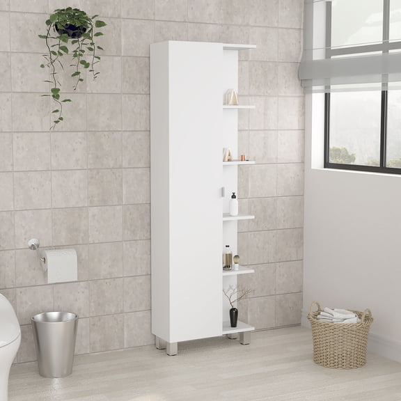 White Corner Linen Cabinet with 5 Open Shelves and Single Door, Narrow Storage Unit for Bathroom, Living Room, Small Spaces, Particle Board, 20.2L x 8.5W x 62.2H Inches
