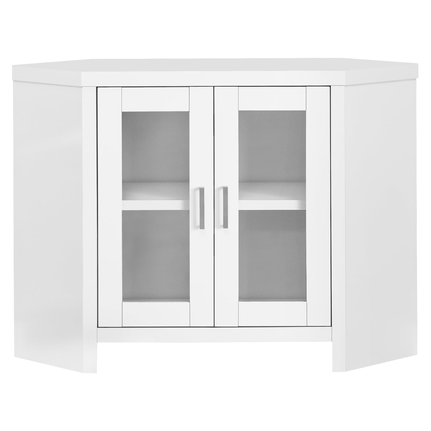 Sleek White Corner TV Stand with Glass Cabinet Doors, 42"