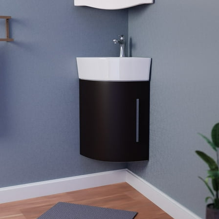 White Corner Vanity Sink Dark Oak Finish Cabinet Sink w/Faucet Bathroom Sink Tap Drain and Overflow 12"x16.50"x22.75" | Renovators Supply