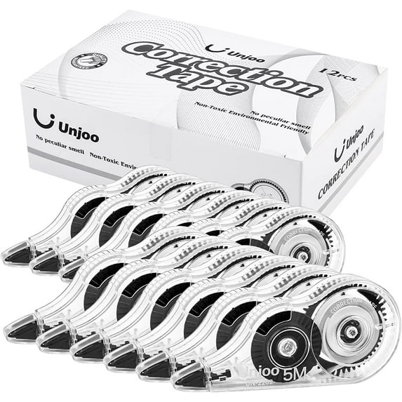 White Correction Tape, Easy To Use Applicator for Instant Corrections Wrong Writing At Any Time, For Office, Wipe Out Tape (12pack, 5M/196" x 0.2", Black)