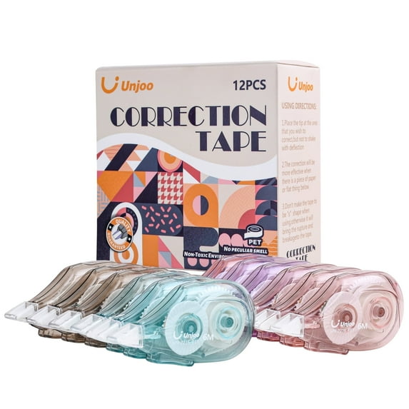 White Correction Tape, Easy To Use Applicator for Instant Corrections Wrong Writing At Any Time, For Office,Wipe Out Tape (12pack, 6M/256" x 0.2", 4 Color)