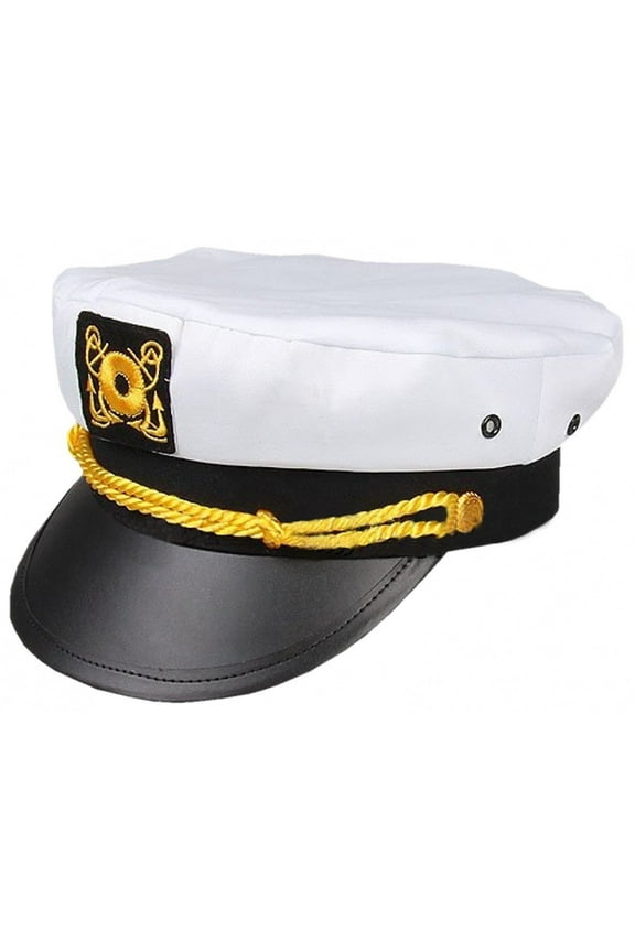 White Cotton Admiral Captain Hat: Sailor Yacht Marine Gold-Accented Cap