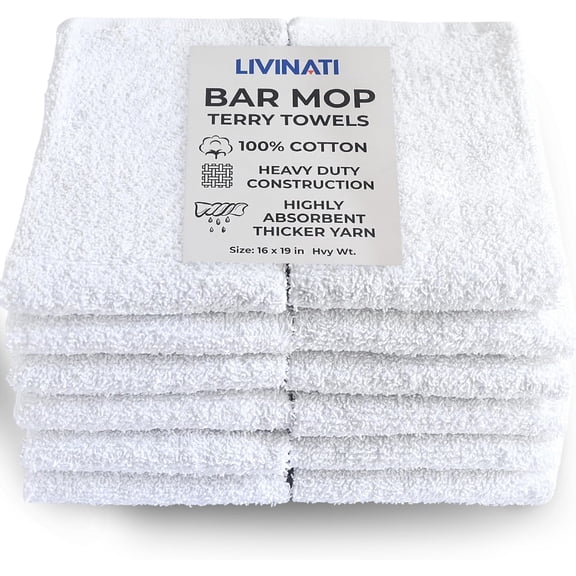 White Cotton Bar Towels for Kitchen - Rags for Bartenders - Bulk Commercial Grade Utility Terry Mops Dish Cloths for Cleaning Wiping Drying Mopping in Restaurants - 16"X19" 12 Pack
