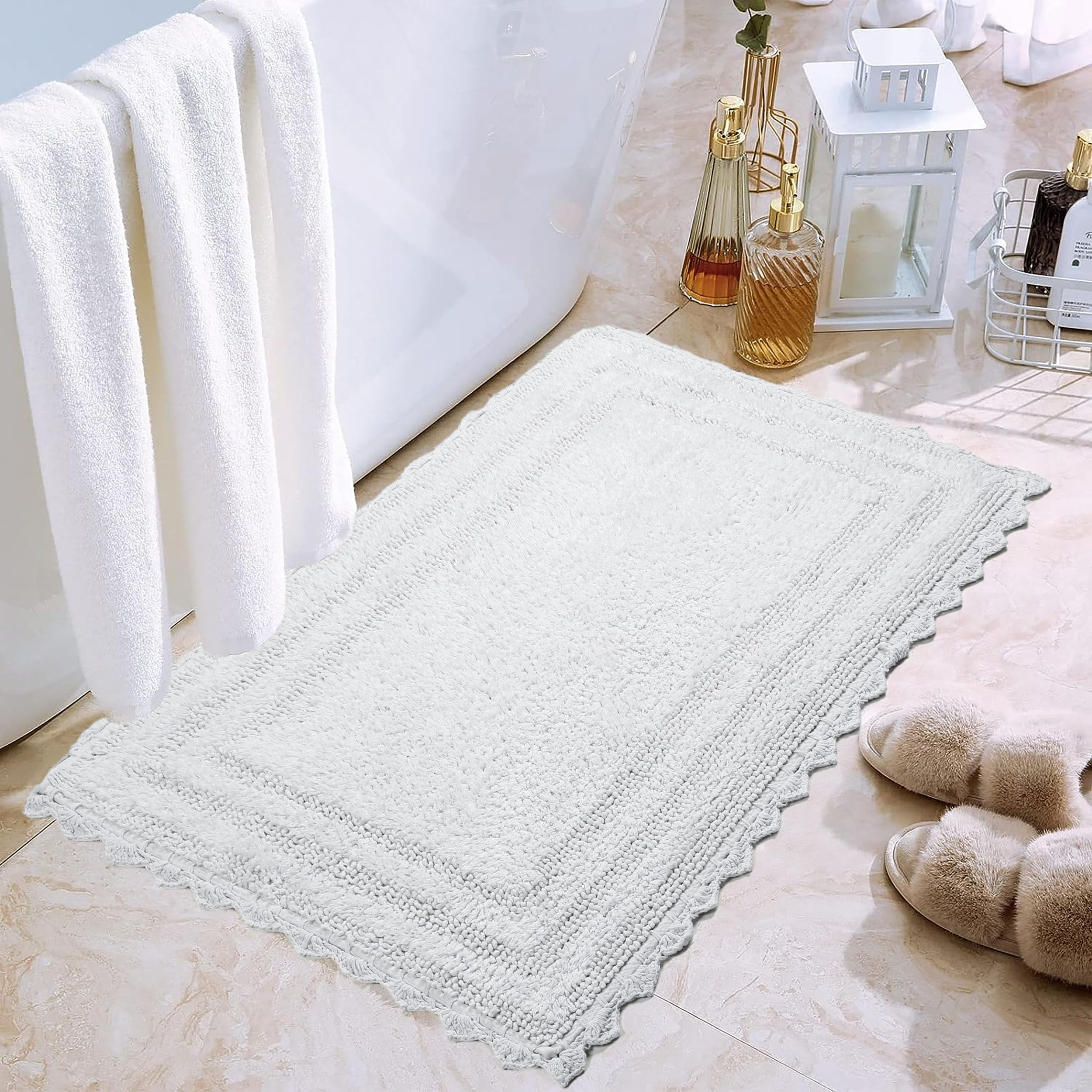 Beige Reversible Cotton Bath Mat Runner Crochet Border 2x5 ft Long Bathroom  Rug Runner