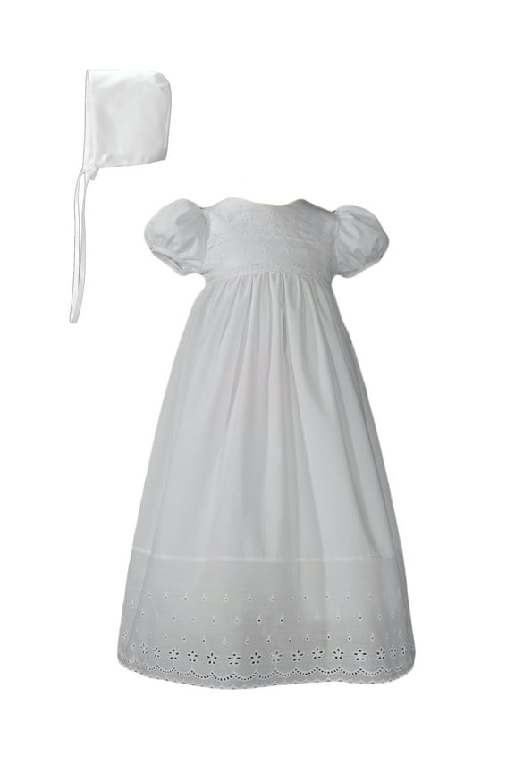 White Cotton Christening Baptism Gown with Lace Border with Bonnet