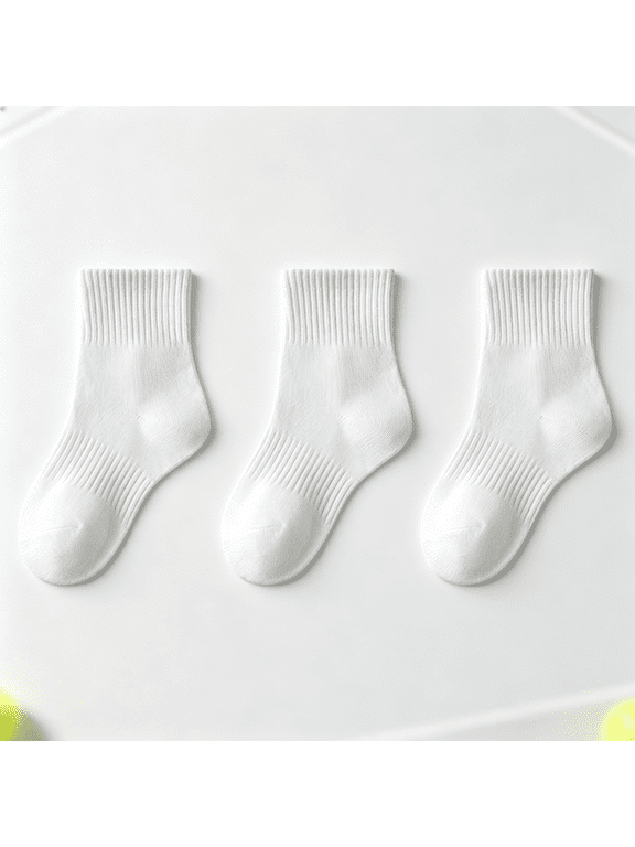 White Cotton Crew Socks for Girls - 3-Pack, Soft Breathable Solid Color School Uniform,Size 3 T