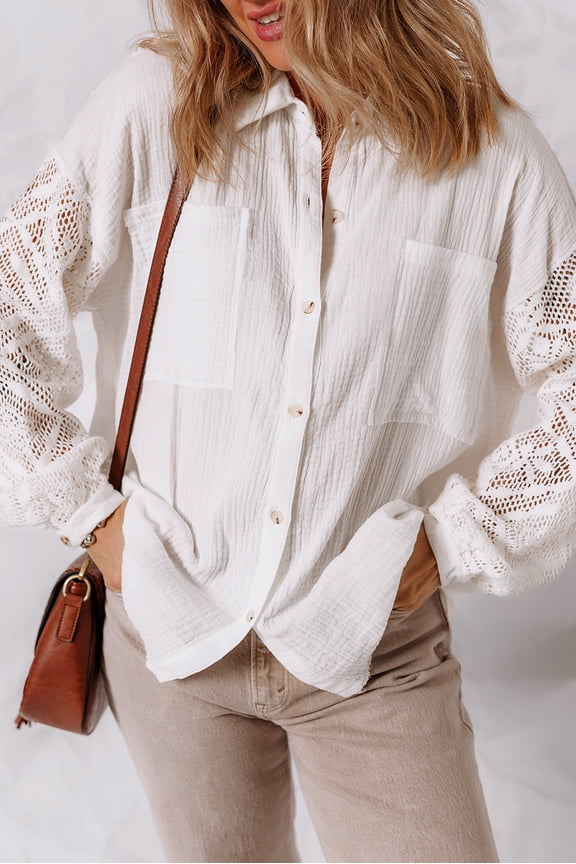 White Cotton Gauze Lace Patchwork Long Sleeve Shirt