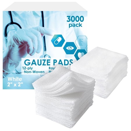 White Cotton Gauze Pads, Non-Sterile 12-Ply, 3000 Count, 2 x 2 in