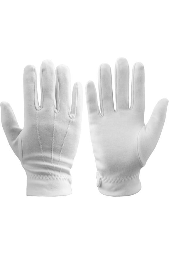 White Cotton Gloves, 1 Pair, Unisex for Costume, Performance, or Sleeping, Side Snap Cuff
