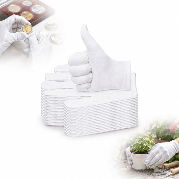 White Cotton Gloves 12 Pairs, Size M Lightweight Full Finger Glove Liners for Inspection, Collectible Handling, Crafts, Gardening and Household Use