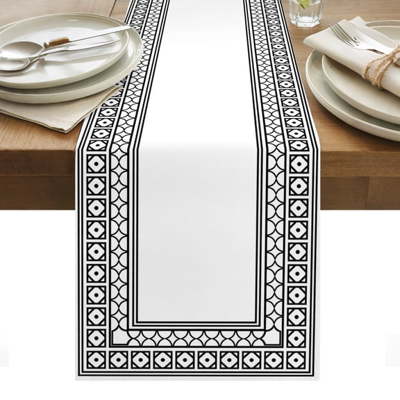 White Cotton Linen Table Runner Boho Diamond Pattern Border Rustic Southwestern Dining Table Runners for Home Decor Party Dining Room Restaurant Kitchen Party 13" x 36"