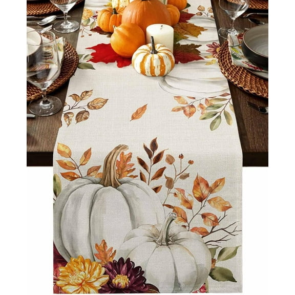 White Cotton Linen Table Runner - Maple Leaves Floral Pumpkin Pattern - Thanksgiving Rustic Vintage Fall Decor - 13x48 Inch