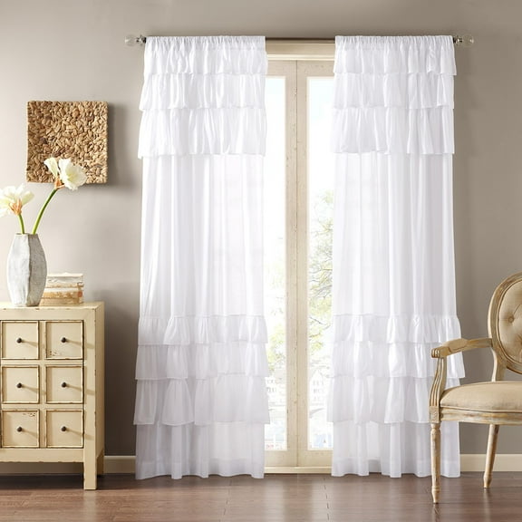 White Cotton Oversized Ruffle Curtain Panel, Sheer Light Filtering 50x84 Inch Window Curtain