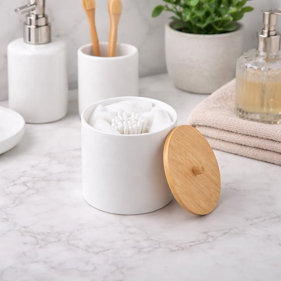 White Cotton Pad and Q-Tip Holder Padang with Bamboo Top - Organize in Style, Bathroom Vanity Organizer