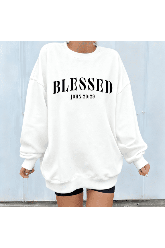 White Cotton Print Sweatshirt Graphic Sweatshirt Blessed John 20:29 S-3XL Tops