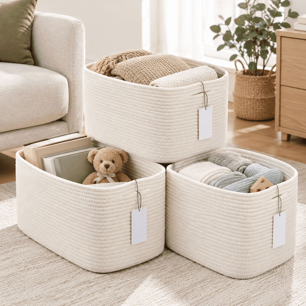 White Cotton Rope Woven Storage Basket, 13.66 x 10.39 x 7.17 Inches, 3 ...