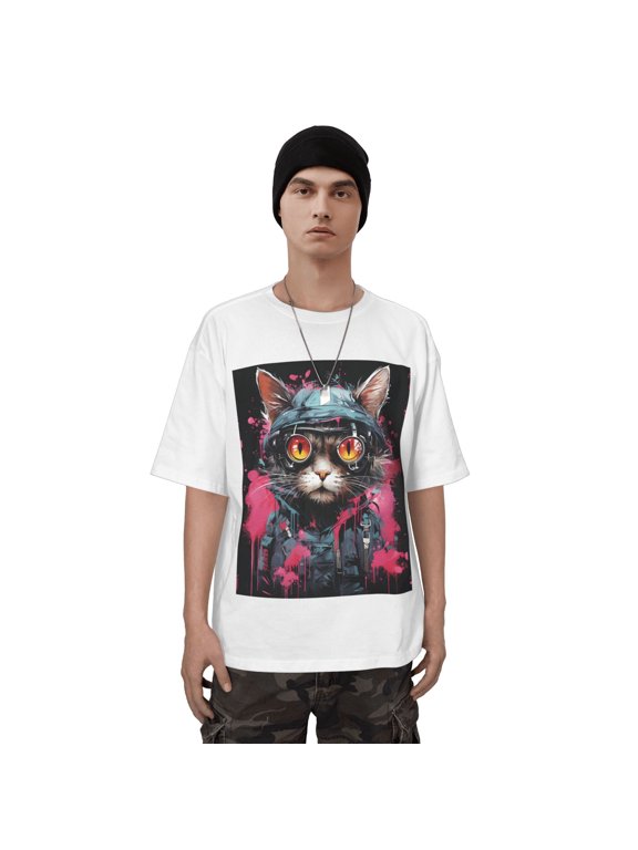 White Cotton Short Sleeve Tee with Cartoon Cat Print – 100% Pure Cotton, Comfortable and Breathable