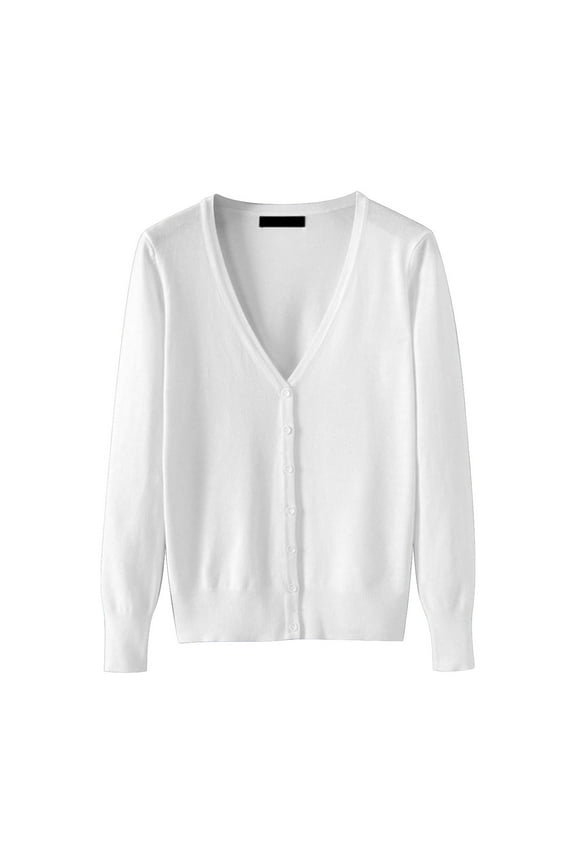 White Cotton Wide Neck Women's Cardigan, Women's Lightweight V Neck Cardigan Sweater (Available In Plus Size)