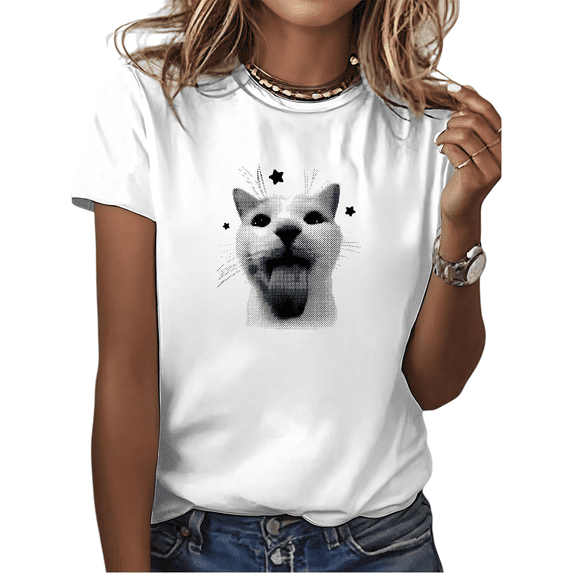 White Coughing Cat Meme Halftone Starry Funny Graphic Tees Print Tshirt Shirts Humorous Cat Lover Tops S-5XL