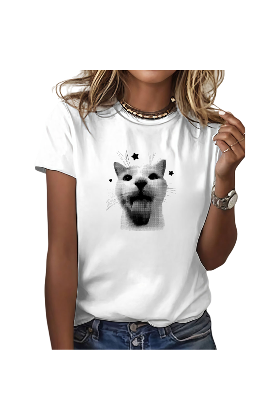 White Coughing Cat Meme Halftone Starry Funny Graphic Tees Print Tshirt Shirts Humorous Cat Lover Tops S-5XL