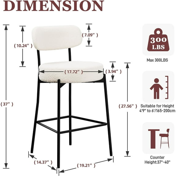 White Counter Height Bar Stools Set of 4 with Back, Modern Upholstered Boucle Barstools for Kitchen Island