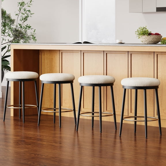 White Counter Stools with Golden Metal Footrest Ring / Add Glamour to Your Home