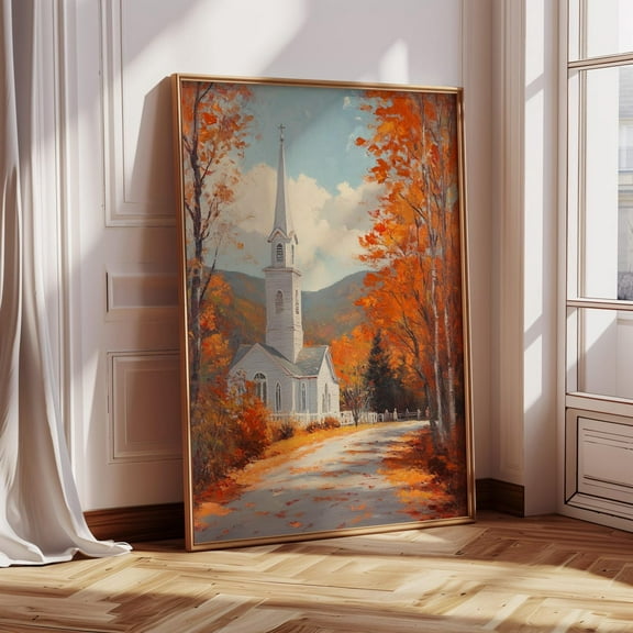 White Country Church In Autumn – Peaceful Fall Chapel Art Print With Colorful Foliage – Christian Rustic Wall Decor Wall Art, Modern Wall Decor, 24x36 UNFRAMED