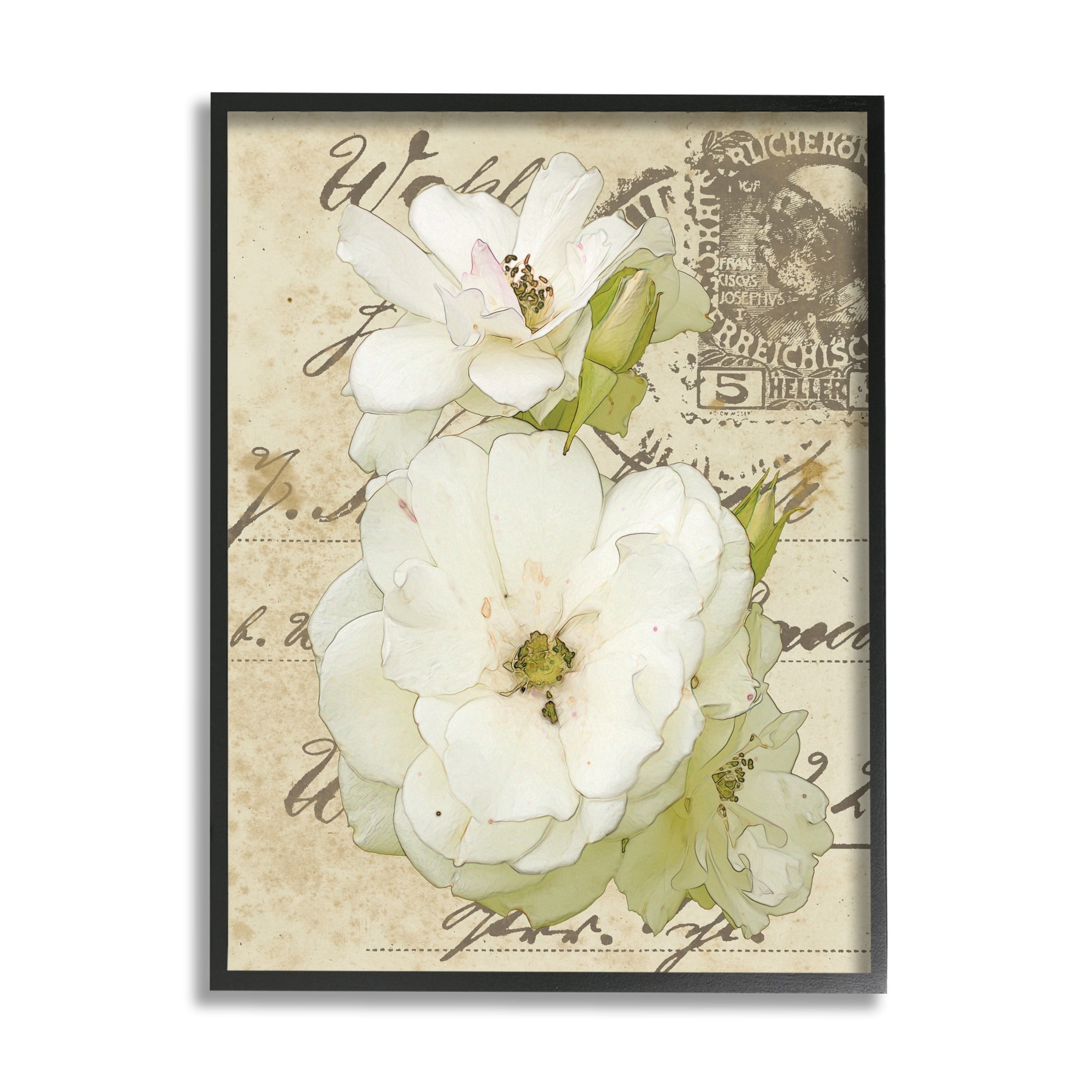 Stupell Industries White Country Florals over Vintage Postal Card,11 x 14,Designed by Alonzo Saunders