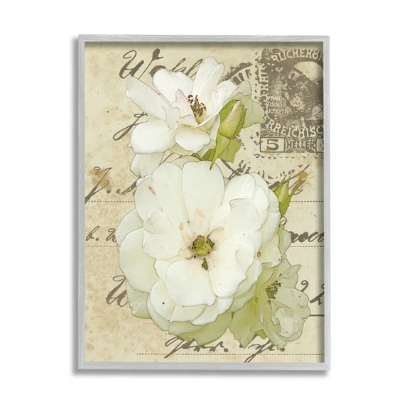 Stupell Industries White Country Florals over Vintage Postal Card,11 x 14,Designed by Alonzo Saunders