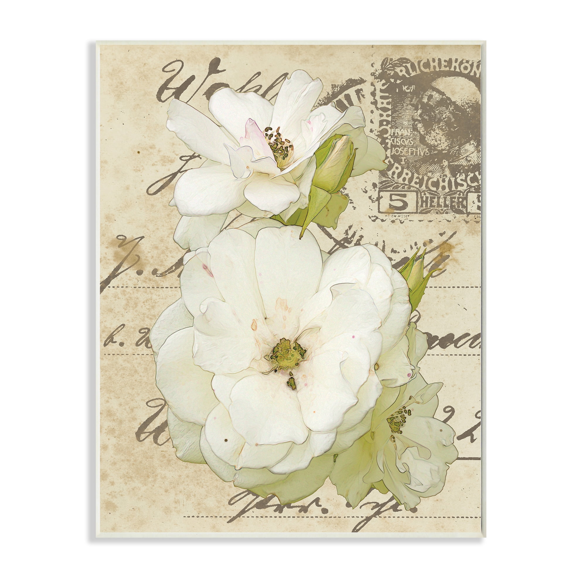 Stupell Industries White Country Florals over Vintage Postal Card,13 x 19,Designed by Alonzo Saunders