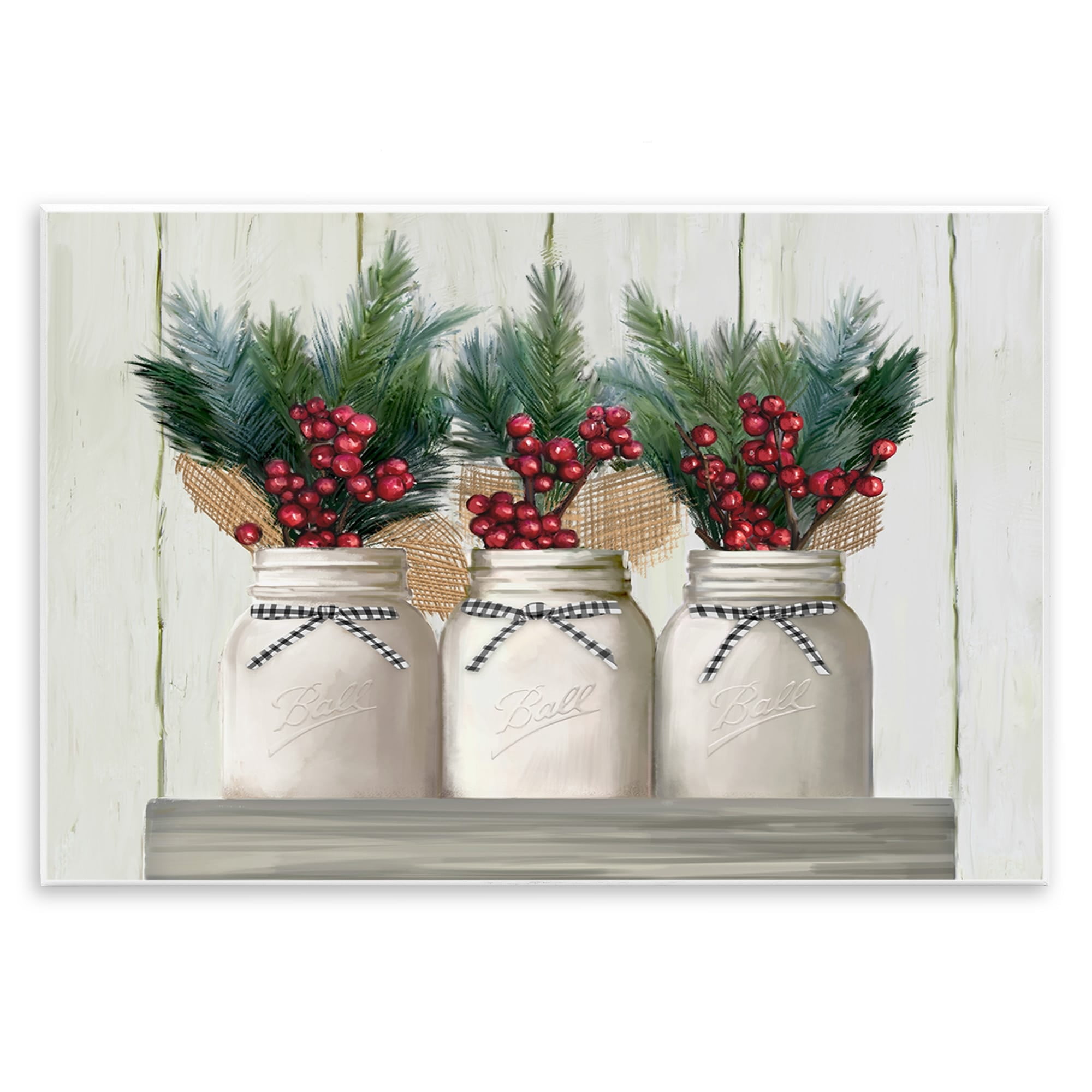 White Country Jars with Christmas Berry Bouquets Design 15 in x 10 in Framed Painting Art Prints, by Stupell Home Décor